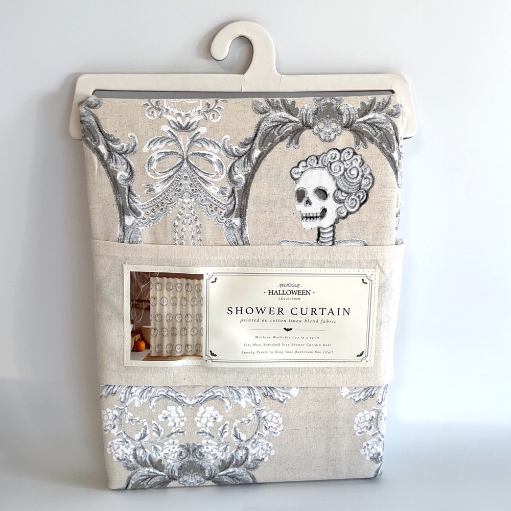Envogue Halloween Skeleton Pumpkin Damask Cotton Linen Shower Curtain 72x72  NEW